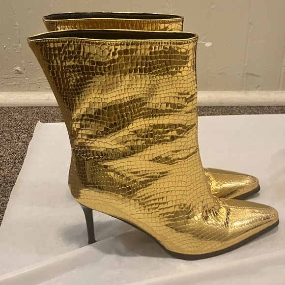 Glamorous Gold Croc-Embossed Heeled Boots - Picture 2 of 9